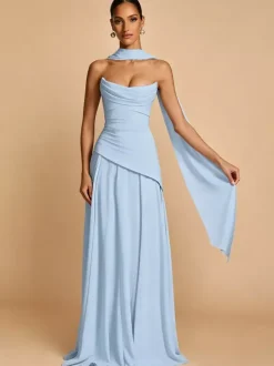 Robe de soirée trapèze bustier en mousseline avec traîne plissée robe de concours de beauté