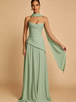 Robe de soirée trapèze bustier en mousseline avec traîne plissée robe de concours de beauté