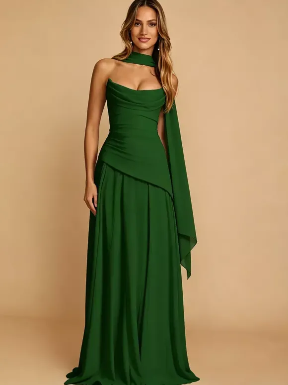 Robe de soirée trapèze bustier en mousseline avec traîne plissée robe de concours de beauté