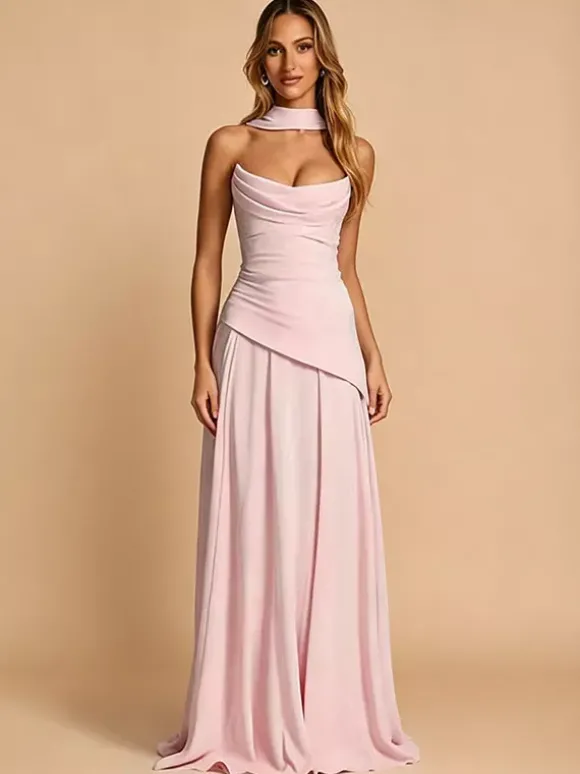 Robe de soirée trapèze bustier en mousseline avec traîne plissée robe de concours de beauté