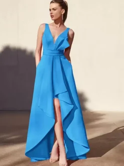 Robe de soirée trapèze col en v longueur au sol sans manches dos nu tissu satiné plissé robes de soirée formelles