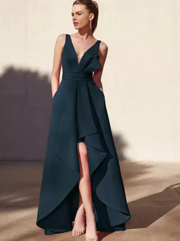 Robe de soirée trapèze col en v longueur au sol sans manches dos nu tissu satiné plissé robes de soirée formelles