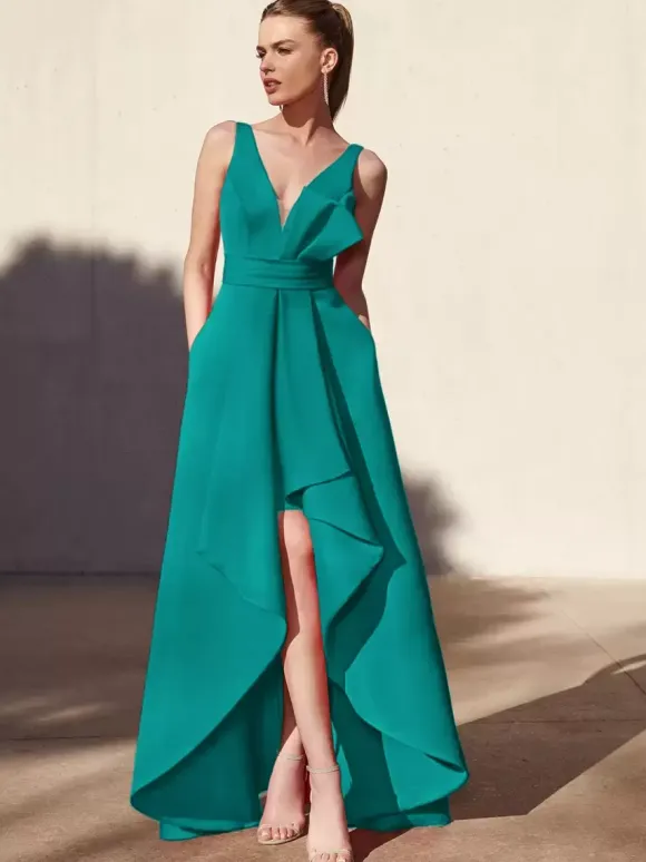 Robe de soirée trapèze col en v longueur au sol sans manches dos nu tissu satiné plissé robes de soirée formelles