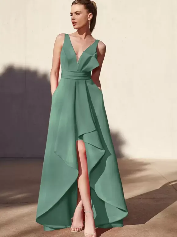 Robe de soirée trapèze col en v longueur au sol sans manches dos nu tissu satiné plissé robes de soirée formelles