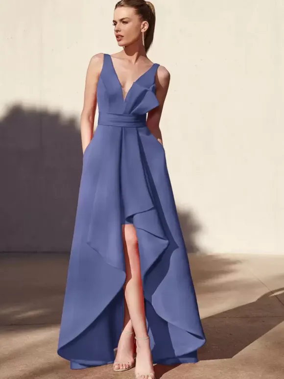 Robe de soirée trapèze col en v longueur au sol sans manches dos nu tissu satiné plissé robes de soirée formelles