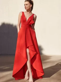 Robe de soirée trapèze col en v longueur au sol sans manches dos nu tissu satiné plissé robes de soirée formelles