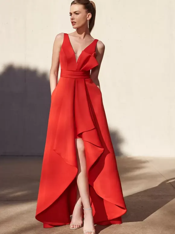 Robe de soirée trapèze col en v longueur au sol sans manches dos nu tissu satiné plissé robes de soirée formelles