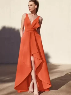 Robe de soirée trapèze col en v longueur au sol sans manches dos nu tissu satiné plissé robes de soirée formelles