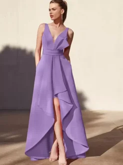 Robe de soirée trapèze col en v longueur au sol sans manches dos nu tissu satiné plissé robes de soirée formelles