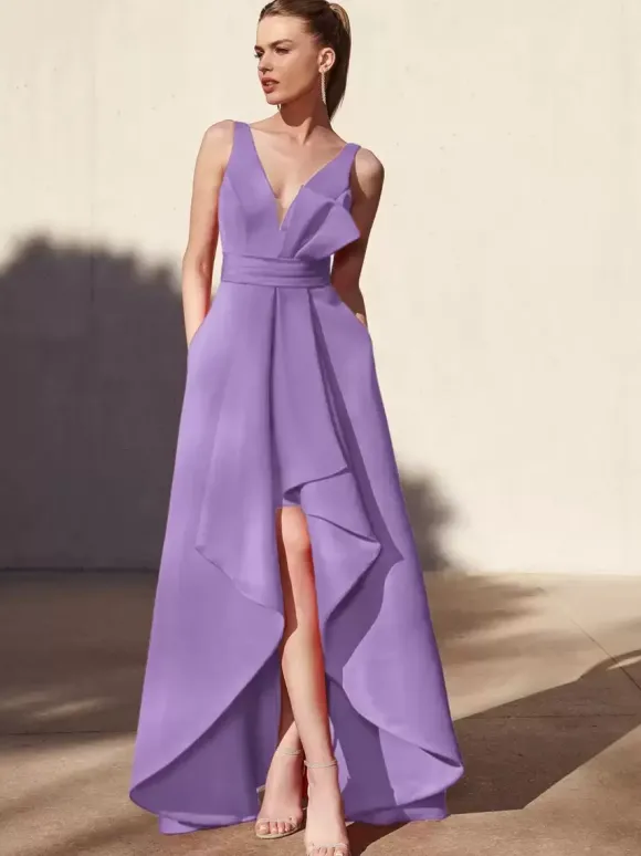 Robe de soirée trapèze col en v longueur au sol sans manches dos nu tissu satiné plissé robes de soirée formelles