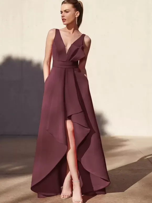 Robe de soirée trapèze col en v longueur au sol sans manches dos nu tissu satiné plissé robes de soirée formelles