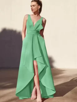 Robe de soirée trapèze col en v longueur au sol sans manches dos nu tissu satiné plissé robes de soirée formelles