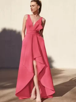 Robe de soirée trapèze col en v longueur au sol sans manches dos nu tissu satiné plissé robes de soirée formelles