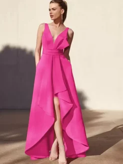 Robe de soirée trapèze col en v longueur au sol sans manches dos nu tissu satiné plissé robes de soirée formelles