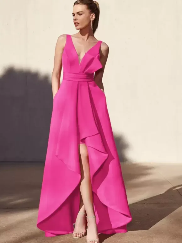 Robe de soirée trapèze col en v longueur au sol sans manches dos nu tissu satiné plissé robes de soirée formelles