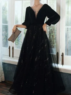 Robe de soirée trapèze col en V longueur au sol manches longues dentelle robes de soirée formelles