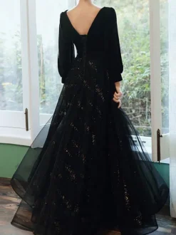 Robe de soirée trapèze col en V longueur au sol manches longues dentelle robes de soirée formelles