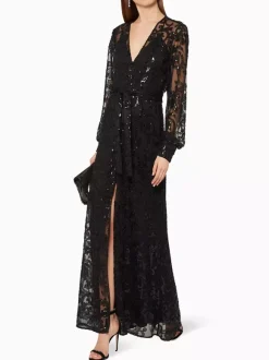 Robe de soirée trapèze col en V ceinture pailletée robes de soirée sociale