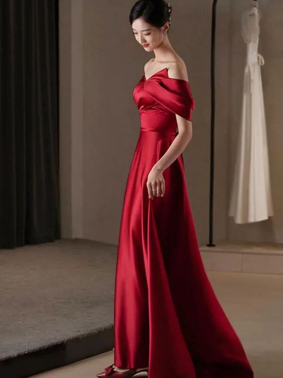 Robe de soirée trapèze col bateau tissu satiné longueur au sol robes de concours sociaux