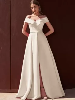 Robe de soirée trapèze épaules dénudées avec traîne sans manches fermeture éclair tissu satiné plissé robes de soirée formelles