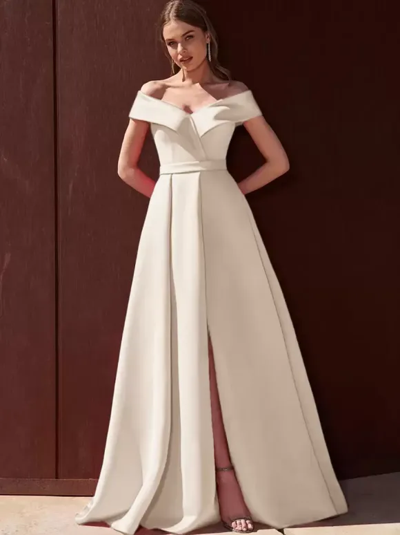 Robe de soirée trapèze épaules dénudées avec traîne sans manches fermeture éclair tissu satiné plissé robes de soirée formelles