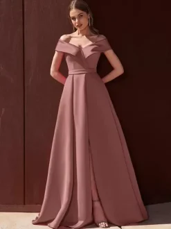 Robe de soirée trapèze épaules dénudées avec traîne sans manches fermeture éclair tissu satiné plissé robes de soirée formelles