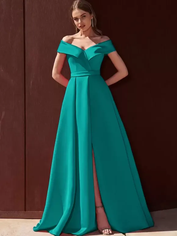 Robe de soirée trapèze épaules dénudées avec traîne sans manches fermeture éclair tissu satiné plissé robes de soirée formelles
