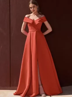Robe de soirée trapèze épaules dénudées avec traîne sans manches fermeture éclair tissu satiné plissé robes de soirée formelles