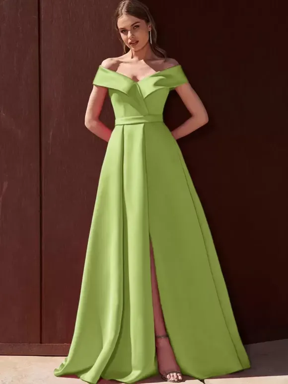 Robe de soirée trapèze épaules dénudées avec traîne sans manches fermeture éclair tissu satiné plissé robes de soirée formelles