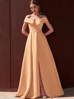 Robe de soirée trapèze épaules dénudées avec traîne sans manches fermeture éclair tissu satiné plissé robes de soirée formelles