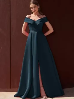 Robe de soirée trapèze épaules dénudées avec traîne sans manches fermeture éclair tissu satiné plissé robes de soirée formelles