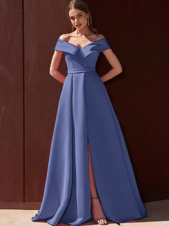Robe de soirée trapèze épaules dénudées avec traîne sans manches fermeture éclair tissu satiné plissé robes de soirée formelles