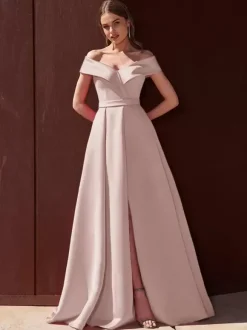 Robe de soirée trapèze épaules dénudées avec traîne sans manches fermeture éclair tissu satiné plissé robes de soirée formelles