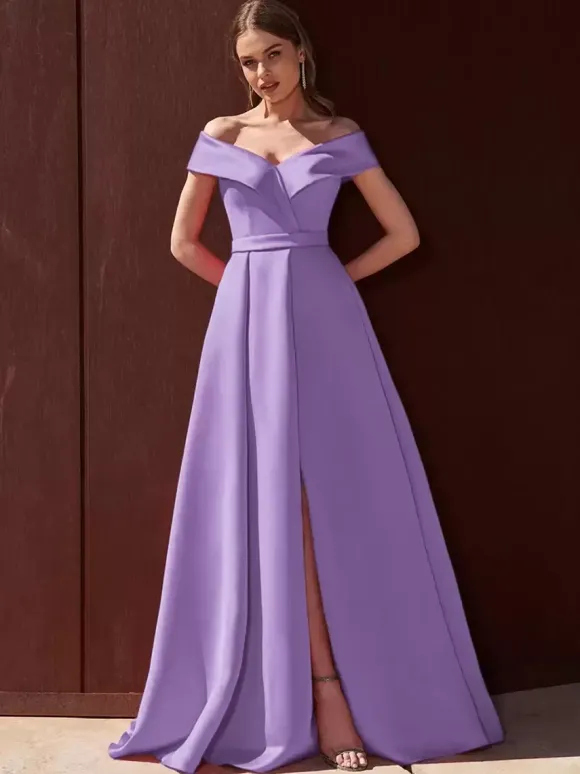 Robe de soirée trapèze épaules dénudées avec traîne sans manches fermeture éclair tissu satiné plissé robes de soirée formelles