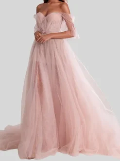 Robe de soirée trapèze sans bretelles en tulle avec n艙uds de train robes de soirée sociale