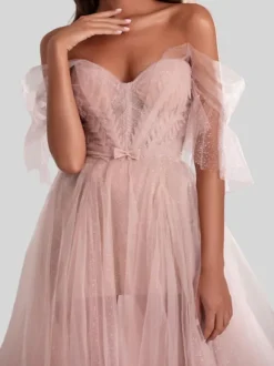 Robe de soirée trapèze sans bretelles en tulle avec n艙uds de train robes de soirée sociale