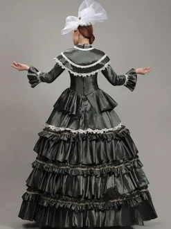 Robe De Soirée Vert Foncé Rétro Costumes Femmes Dentelle Polyester Tunique Robe Chapeaux Marie Antoinette Déguisement Vintage Fête Robe De Bal