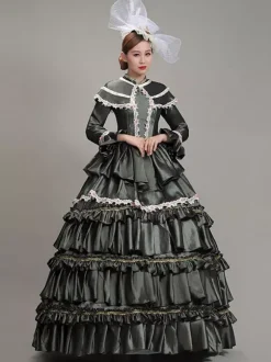 Robe De Soirée Vert Foncé Rétro Costumes Femmes Dentelle Polyester Tunique Robe Chapeaux Marie Antoinette Déguisement Vintage Fête Robe De Bal