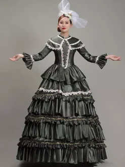 Robe De Soirée Vert Foncé Rétro Costumes Femmes Dentelle Polyester Tunique Robe Chapeaux Marie Antoinette Déguisement Vintage Fête Robe De Bal