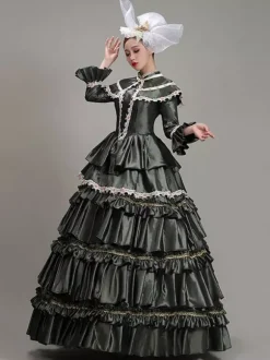 Robe De Soirée Vert Foncé Rétro Costumes Femmes Dentelle Polyester Tunique Robe Chapeaux Marie Antoinette Déguisement Vintage Fête Robe De Bal