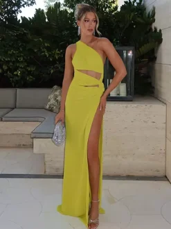 Robe de soirée verte en polyester sans manches dos nu asymétrique robe d'été