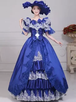 Robe de soirée vintage en satin bleu pour femme col bateau manches bouffantes style spectacle dramatique