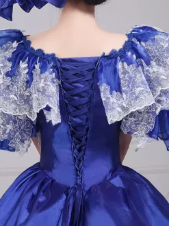Robe de soirée vintage en satin bleu pour femme col bateau manches bouffantes style spectacle dramatique