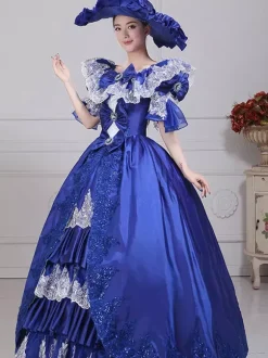 Robe de soirée vintage en satin bleu pour femme col bateau manches bouffantes style spectacle dramatique