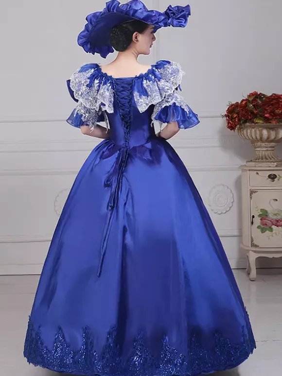 Robe de soirée vintage en satin bleu pour femme col bateau manches bouffantes style spectacle dramatique