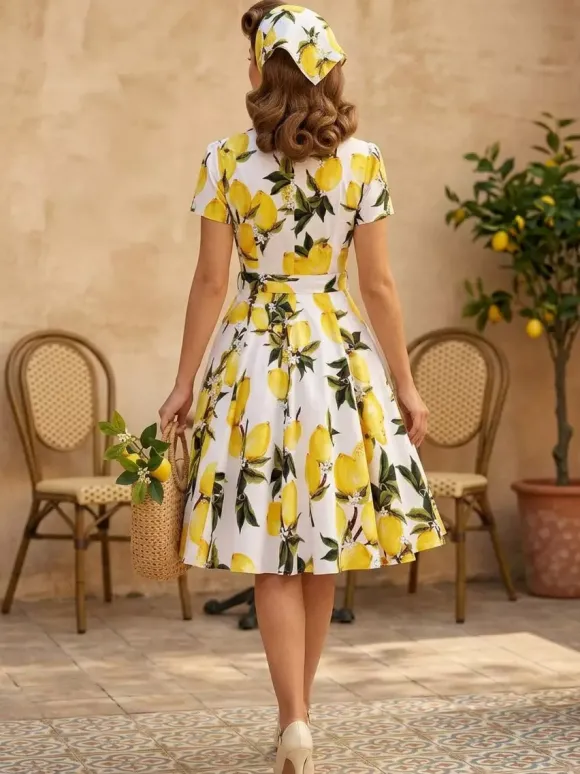 Robe de thé imprimée vintage pour femme - Robe midi trapèze à manches courtes et ceinture style rockabilly années 1950 - Idéale pour un pique-nique de vacances 2026