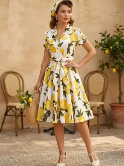 Robe de thé imprimée vintage pour femme - Robe midi trapèze à manches courtes et ceinture style rockabilly années 1950 - Idéale pour un pique-nique de vacances 2026