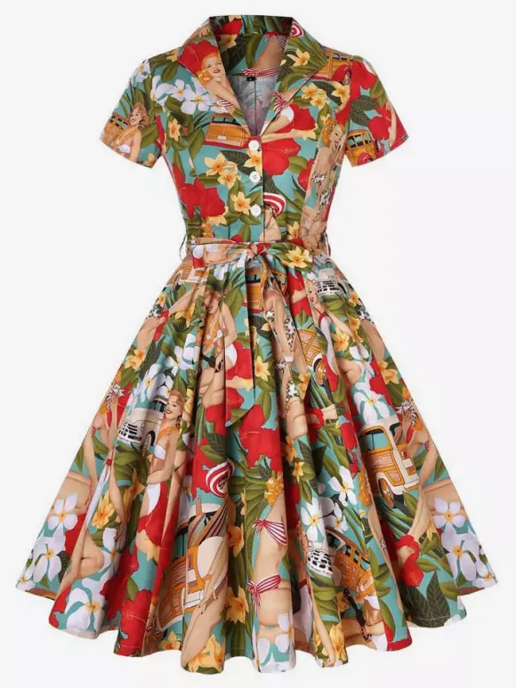 Robe de thé imprimée vintage pour femme - Robe midi trapèze à manches courtes et ceinture style rockabilly années 1950 - Idéale pour un pique-nique de vacances 2026