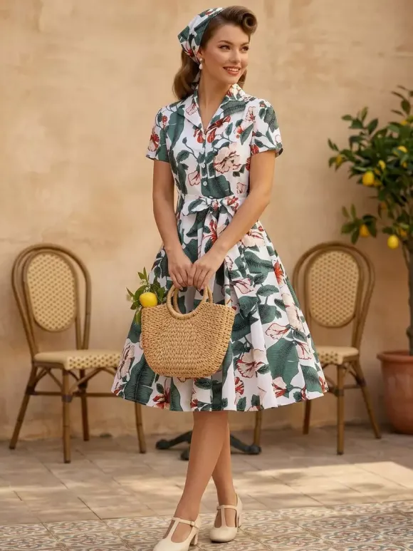 Robe de thé imprimée vintage pour femme - Robe midi trapèze à manches courtes et ceinture style rockabilly années 1950 - Idéale pour un pique-nique de vacances 2026