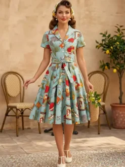 Robe de thé imprimée vintage pour femme - Robe midi trapèze à manches courtes et ceinture style rockabilly années 1950 - Idéale pour un pique-nique de vacances 2026